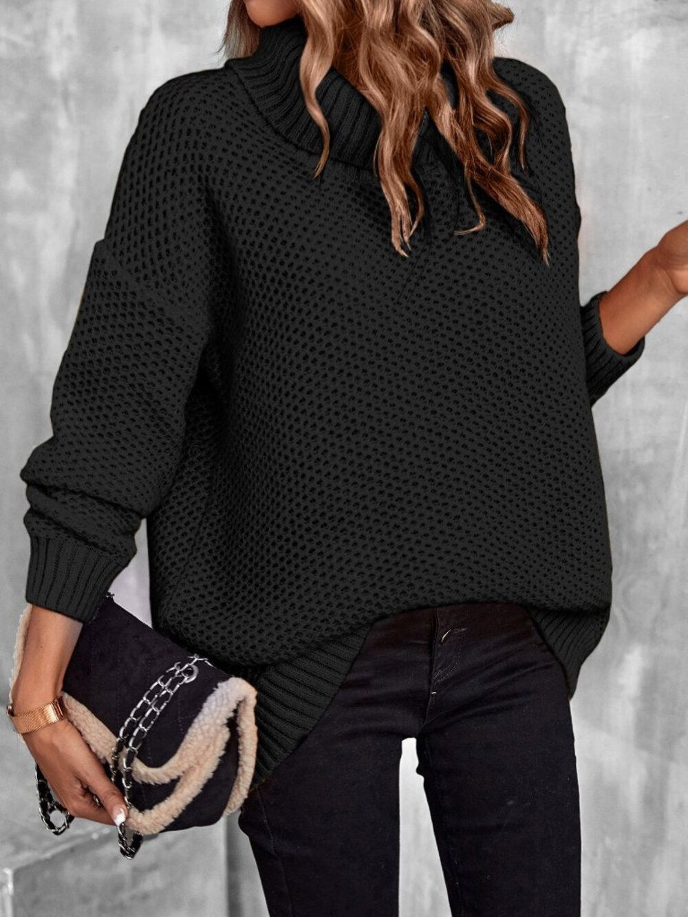 Black Casual Women's Turtleneck Shoulder Long Sleeve Pullover Knit Sweater